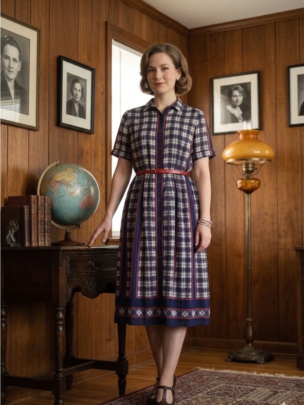Vintage Made in Japan Navy Plaid Button-Up Dress with Red Trim – Size M L